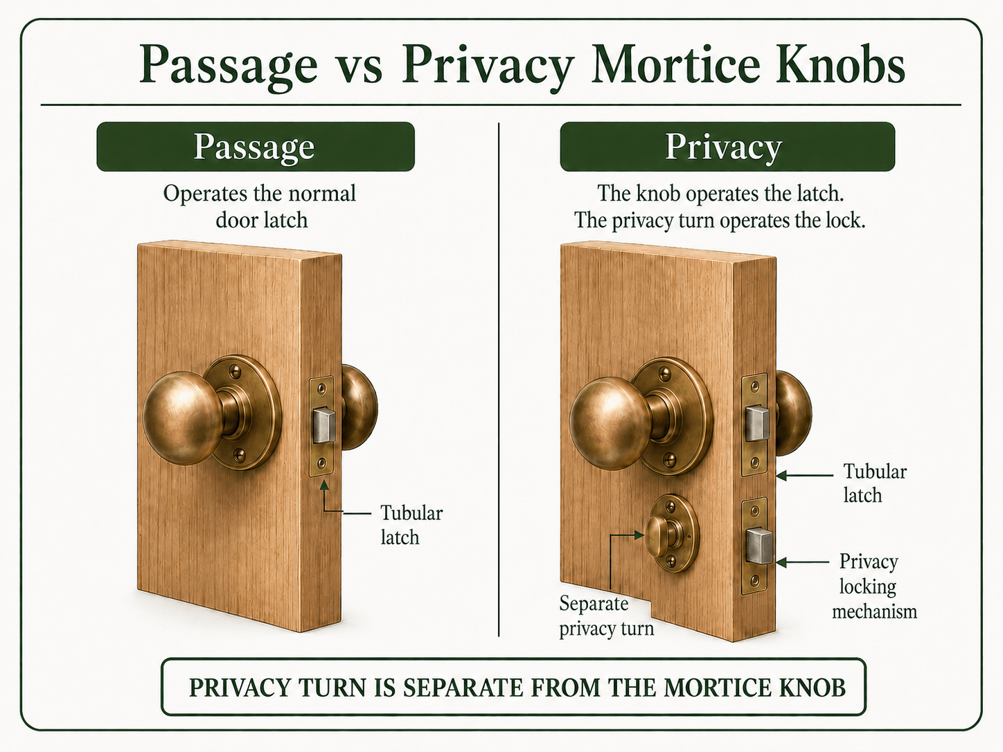 Passage vs Privacy Mortice Knobs Diagram Annotated diagram comparing passage and privacy mortice knobs