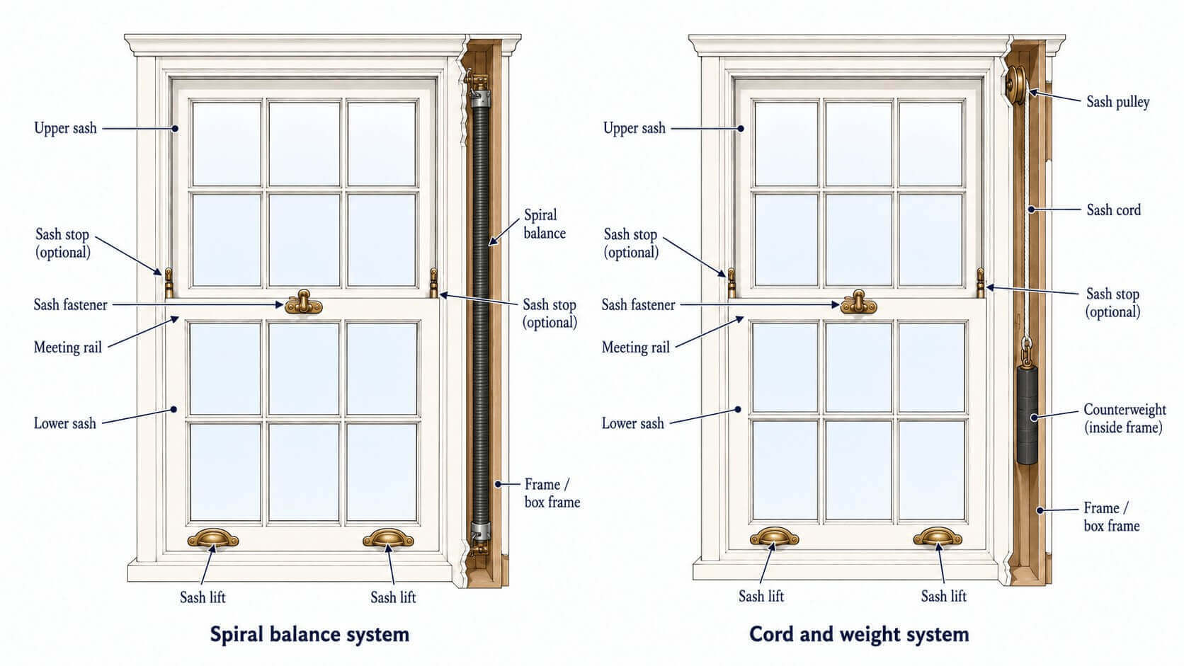 Annotated diagram comparing spiral balance and cord & weight sash window systems.