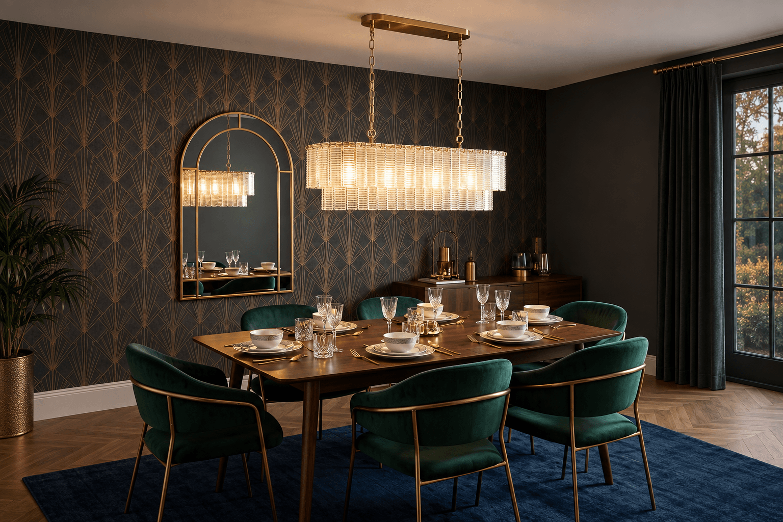 Elegant Art Deco-inspired dining room featuring a large glass chandelier above a timber dining table, with dark geometric wallpaper, green velvet chairs, brass accents and warm ambient lighting.