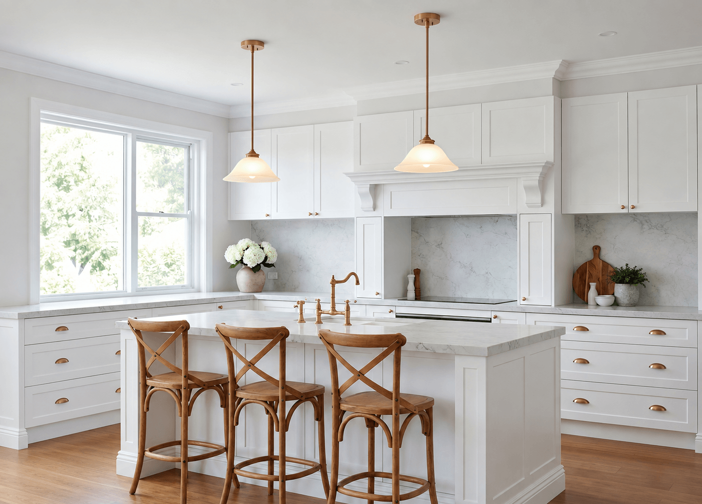 Bright traditional-style kitchen featuring two brass pendant lights with opal glass shades above a white marble island, with white cabinetry, brass fixtures and warm timber stools.