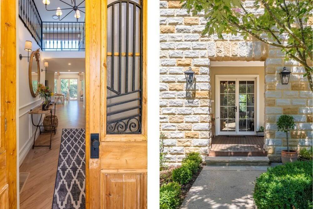 Hartley House Entry Doors Vintage timber front doors with black door hardware opening into the Hartley House entry hallway, alongside the sandstone exterior entrance.