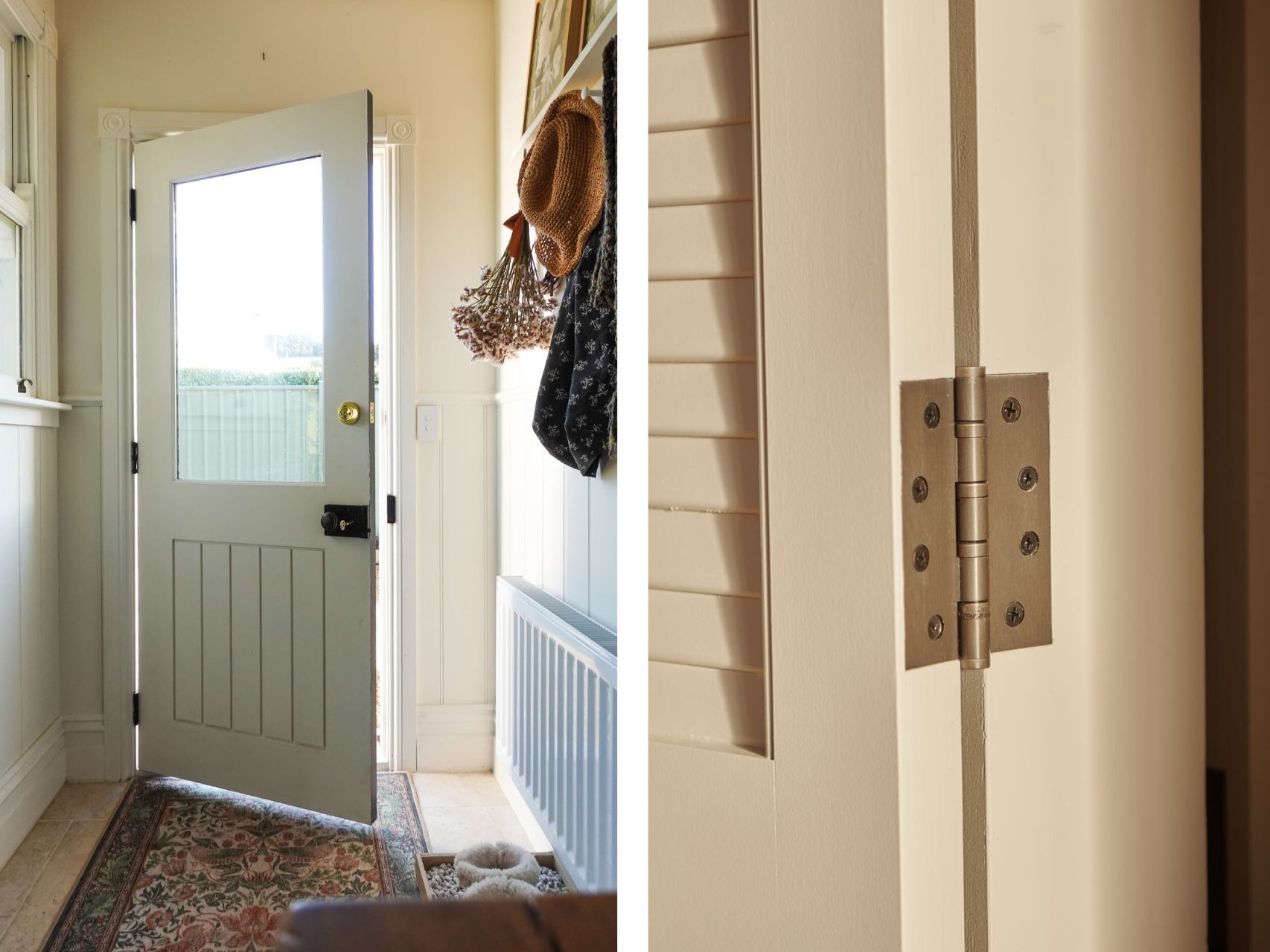 A front door with a rim lock slightly ajar showing the hinges,and a close up of Antique Brass loose pin hinge installed