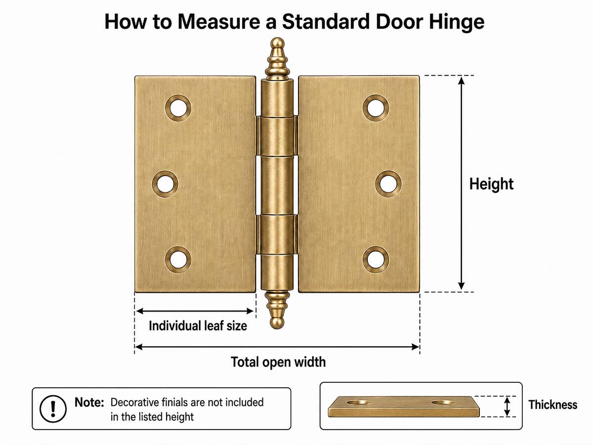 Annotated diagram showing how to measure the height, leaf size, thickness and total open width of a hinge