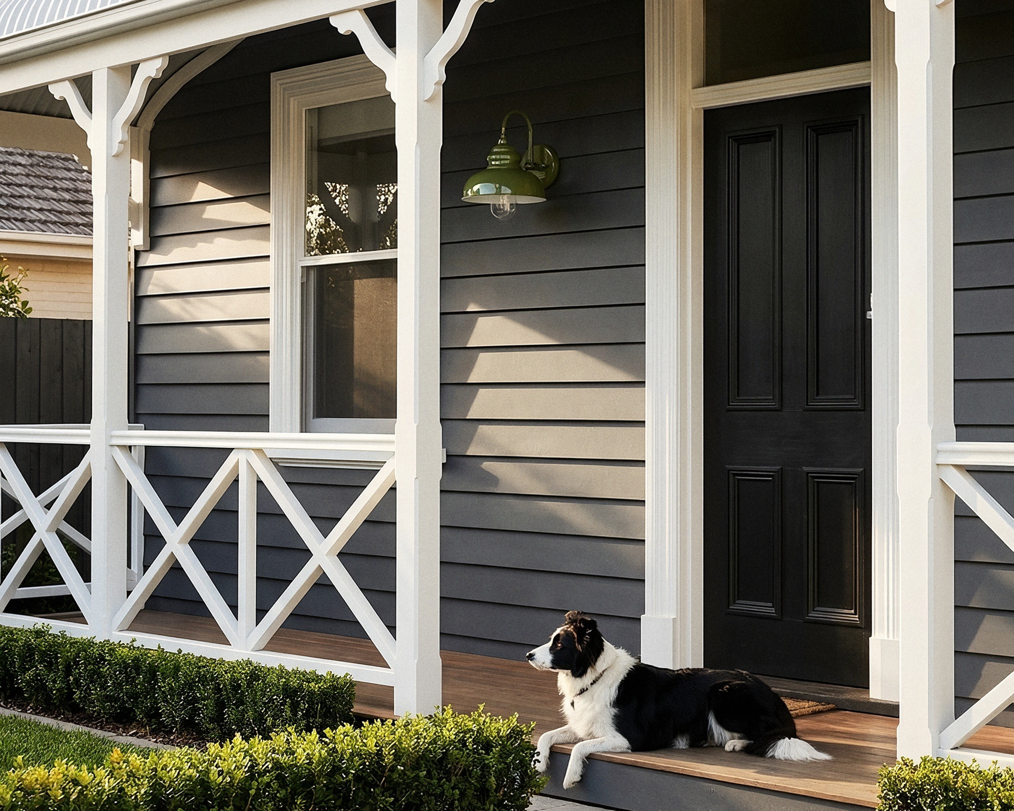 Traditional Australian cottage verandah featuring an olive green outdoor wall light beside a black front door, with dark weatherboard cladding, white timber trim, landscaped gardens and a dog resting on the porch.